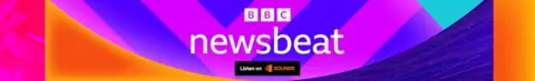 Logo below for BBC Newsbeat. It features the BBC logo and the word Newsbeat in white on a colorful background of purple, violet and orange shapes. A black square reads below "Listen to the sounds" is visible.