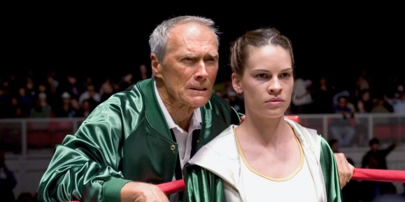 Million Dollar Baby trainer Clint Eastwood prepares Hilary Swank's hero in the ring 