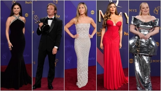 Selena Gomez, Jeremy Allen, Jennifer Aniston, Sofia Vergara and Nicola Coughlan pose on the 2024 Emmys red carpet. (AP, Reuters)