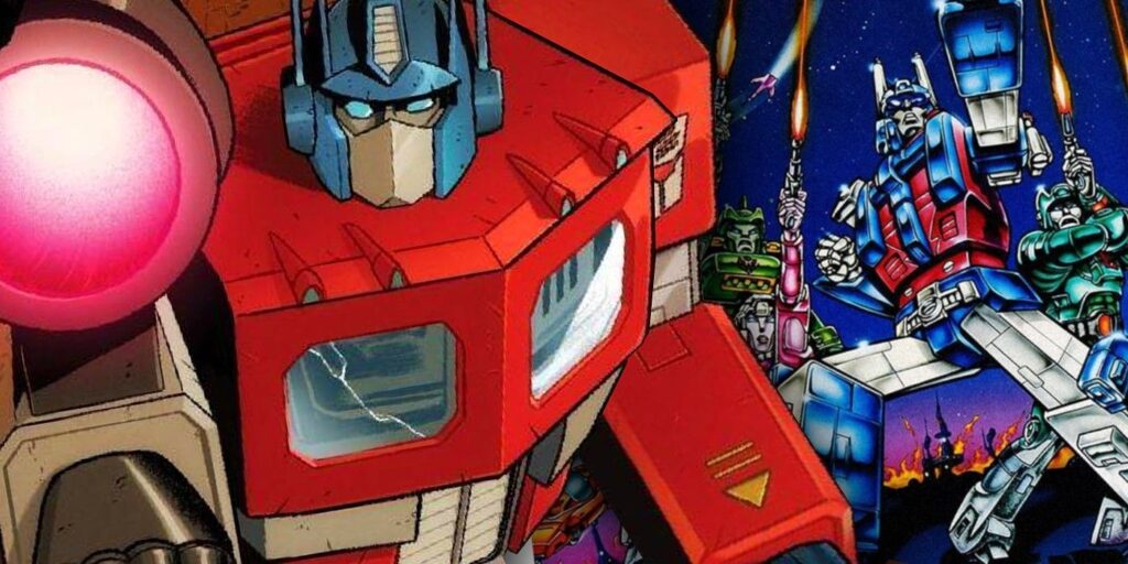 Optimus Prime (front, left) with the Transformers 1986 movie poster in the background (right.)